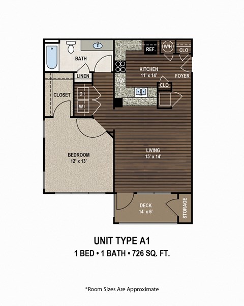 Floor plan for 1 bed, 1 bath, 726 sqft
